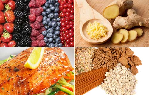 Blandet antiinflammatoriske fødvarer (bær, ingefær, fisk, fuldkornsprodukter)